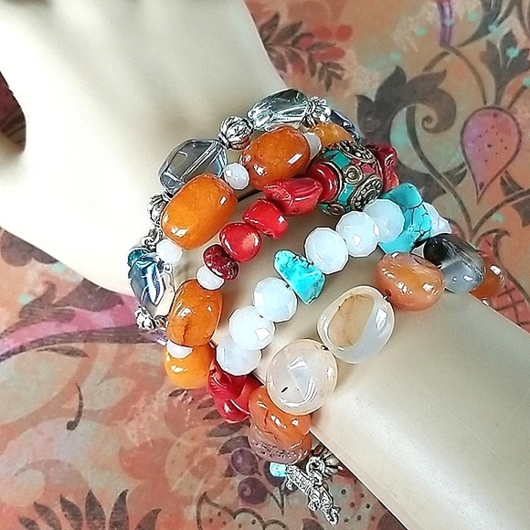 Hand Crafted Boho Beaded Agate, Coral, Turquoise and Amber Wrap Bracelet - Picture 9 of 16